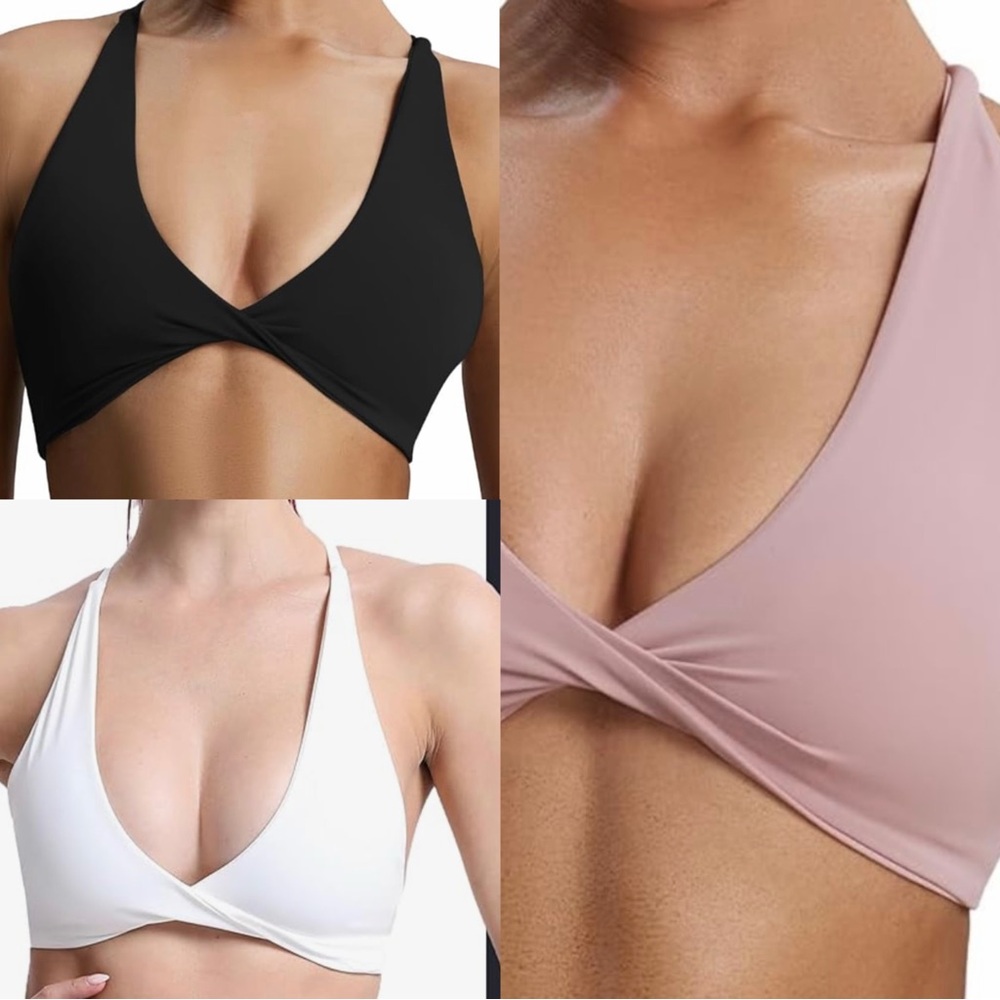 Bundle of 3 Black, White, and WoodRose Workout Sports Bras Yoga Crop Tank Size M